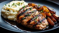 Grilled chicken breast with herbs served alongside creamy mashed potatoes and roasted carrots on dark plate for restaurant menu or home cooking content.