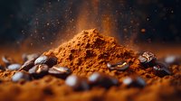 Ground coffee powder and roasted beans scattered on dark background with dramatic lighting and bokeh effect, macro food photography for cafe and restaurant menu.