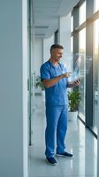 Middle-aged Caucasian male doctor in blue scrubs examining X-ray films in modern hospital corridor with natural sunlight streaming through windows.