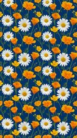 Seamless floral pattern with white daisies and orange poppies on navy blue background. Repeating wildflower design for fabric, wallpaper and textile applications.