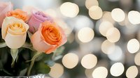 Fresh peach and lavender roses against blurred bokeh lights background create romantic atmosphere for wedding, anniversary or special occasion celebration.