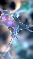 Glowing neuron cell with synaptic connections and electrical impulses in purple and blue tones for medical research and neuroscience education concepts.