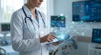 Female doctor using digital tablet with holographic medical data visualization in modern hospital clinic for healthcare technology innovation.