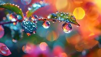 Vibrant macro photography of water drops on plant stem reflecting colorful bokeh lights, perfect for nature photography, wellness backgrounds and artistic designs.