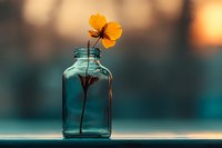 Single yellow cosmos flower in vintage blue glass bottle against blurred sunset background, creating minimalist composition with warm and cool tones.