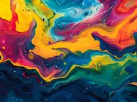 Vibrant fluid art with swirling colors of yellow, red, blue, and green creating abstract marble-like patterns for creative backgrounds.