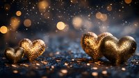 Golden glitter hearts on dark background with bokeh lights and sparkles. Romantic festive composition for Valentine's day, anniversary or wedding design.