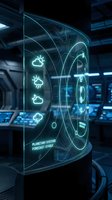 Futuristic holographic weather forecast display with neon glowing icons showing cloud, rain and storm symbols on transparent glass panel in high-tech control room environment.
