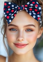Young woman wearing polka dot bow headband, natural makeup with rosy cheeks and soft smile. Close up portrait showing fresh, glowing complexion and bright eyes.
