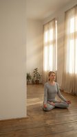 Peaceful middle-aged Caucasian woman practicing meditation in lotus pose at bright minimalist home interior with natural sunlight streaming through windows.