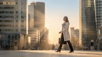 Professional businesswoman walking confidently through modern city district during golden hour sunset, corporate lifestyle and urban success concept.