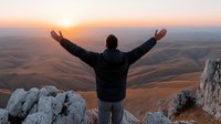 Man with raised arms celebrating sunrise from mountain peak overlooking golden valley landscape. Success achievement freedom concept for motivation wellness.