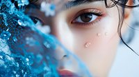 Close-up portrait of Asian woman with brown eyes and delicate skin partially obscured by blue floral elements creating dreamy atmosphere.