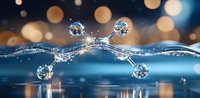 Artistic water splash forming molecule shape with droplets and bokeh lights in background, macro photography capturing liquid dynamics and surface tension.