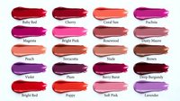 Lipstick color swatches collection on white background, showcasing twenty shades from nude to bold, labeled with names for makeup palette guide.