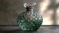 Vintage green glass perfume bottle with quilted diamond pattern and ornate silver cap on wooden surface in soft natural lighting. Perfect for beauty and luxury concepts.