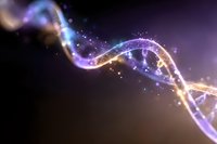 Glowing DNA strand with sparkles and light effects on dark background, double helix structure illuminated with purple and gold particles for science design.