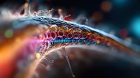 Colorful soap bubbles in macro photography with vibrant orange, pink and blue bokeh effects creating abstract artistic composition on dark background.