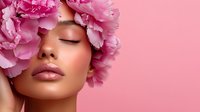 Young woman with pink peonies in her hair against pink background. Closed eyes, glossy lips, and flawless makeup showcase natural beauty and serenity in feminine portrait.