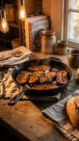 Grilled eggplant slices in cast iron skillet on rustic wooden table with warm lighting. Cozy kitchen scene with vintage Edison bulbs and ceramic jars.