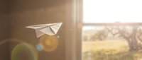 White paper airplane flying in warm sunlight with lens flare effects and blurred natural background for creative projects and freedom concepts.