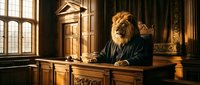 Majestic lion in business suit sitting at ornate wooden desk in elegant office interior with classical architecture and warm lighting for corporate concepts.