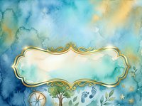 Ornate gold frame with watercolor wash background in turquoise and gold tones, featuring botanical elements and decorative flourishes. Suitable for invitations, greeting cards, and design projects.