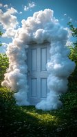 Mystical doorway surrounded by ethereal clouds standing alone in nature, framed by green foliage and wildflowers against bright blue sky, surreal dreamlike scene.