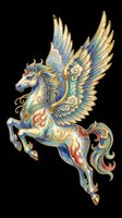 Ornate winged horse clipart with gold, blue, and red details, isolated on transparent background. Great for stickers, t-shirt design, and print on demand.