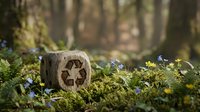 Wooden recycling symbol cube on moss with spring flowers in forest setting promoting environmental awareness and sustainability concepts.