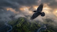Majestic black raven soaring over misty mountain landscape at dramatic sunset with winding river valley below stormy clouds creating moody atmospheric scene.