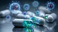 Medical capsules with digital virus particles floating above representing pharmaceutical research and antiviral drug development in healthcare technology.