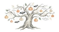 Spooky Halloween tree with carved pumpkins, flying bats and bare branches on white background. Autumn seasonal decoration for party invitations and festive designs.