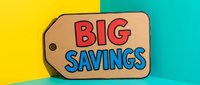 Cardboard price tag with bold Big Savings text on vibrant yellow and teal background, promoting retail discounts and seasonal sale events.