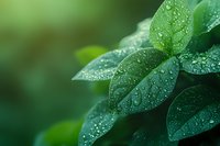 Fresh green leaves covered with morning dew drops against blurred natural background. Macro photography showcases water droplets on plant foliage.
