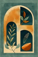 Minimalist botanical arch composition with orange and deep teal elements featuring stylized leaves, branches and citrus fruit against textured background. For wall art.