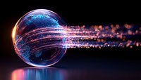 Glowing sphere emitting luminous particles with blue and pink light trails against dark background, creating magical ethereal effect with bokeh reflections.