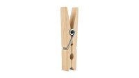 Wooden clothespin with metal spring mechanism isolated on white background, ready for laundry, crafts, and design projects.
