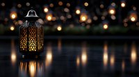 Glowing oriental lantern with intricate pattern creates magical atmosphere against blurred bokeh lights background, reflecting on dark surface.