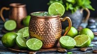 Refreshing Moscow Mule cocktail in hammered copper mug garnished with lime slices and mint leaves, surrounded by fresh citrus fruits on dark background.