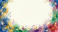 Colorful fireworks and ornamental swirls frame a blank center space on white background, suitable for greeting cards, invitations, and festive design projects.