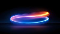 Glowing neon light trails forming spiral curves against dark background, blue and orange luminous streaks create dynamic motion effect with reflection.