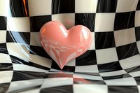 Pink glossy heart on black and white checkered surface creates dramatic contrast. Racing flag pattern adds dynamic movement and competitive spirit to romantic symbol.