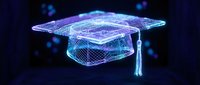 Digital graduation cap with glowing blue wireframe design on dark background representing online education technology and academic achievement.