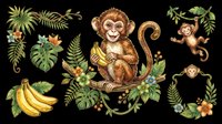 Cute monkey character holding banana surrounded by tropical plants, ferns, and foliage elements isolated on transparent background. Ready for t-shirt design, clipart, stickers, and print-on-demand products.