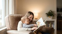 Young mother reading storybook with toddler son on cozy armchair by window in warm living room creating bonding moment for family time and early education.