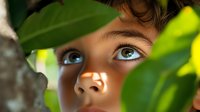Close up portrait through green leaves showing bright blue eyes and sun-dappled face of young mixed race child looking up with wonder and curiosity in nature.