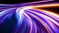 Vibrant light trails curve through darkness creating dynamic motion effect in purple, blue and orange colors, abstract background for technology and speed concepts.