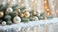 Evergreen branches decorated with white and gold ornaments on snowy surface with bokeh lights, suitable for holiday greeting cards, seasonal marketing, and festive backgrounds.