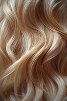Close-up of wavy blonde hair with honey highlights showing natural texture and shine, ideal for beauty and haircare advertising.